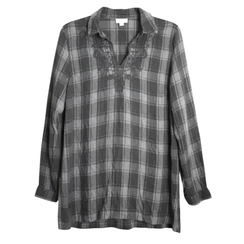J. JILL GRAY PLAID TOP Popover Shirt EMBROIDERED FRONT Flannel Like Rayon SIZE S